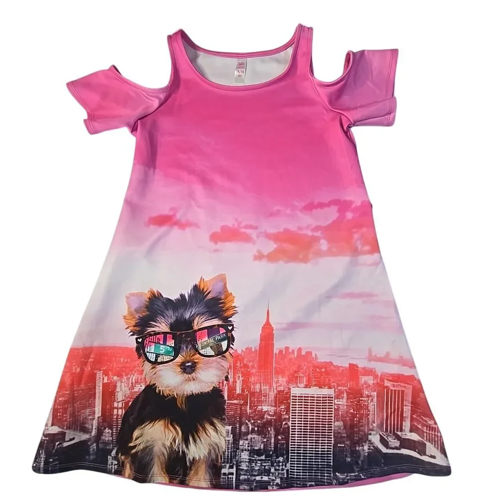 Justice Cold Shoulder Dress Kids 14/16 Pink Yorkie NYC‎ Skyline Ombre Puppy Core
